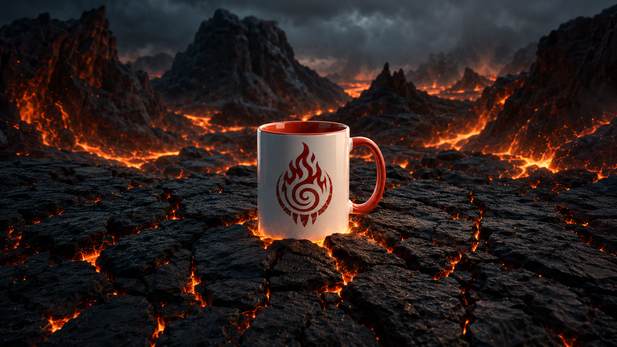 Tiba Tribe Accent Mug among lava fields