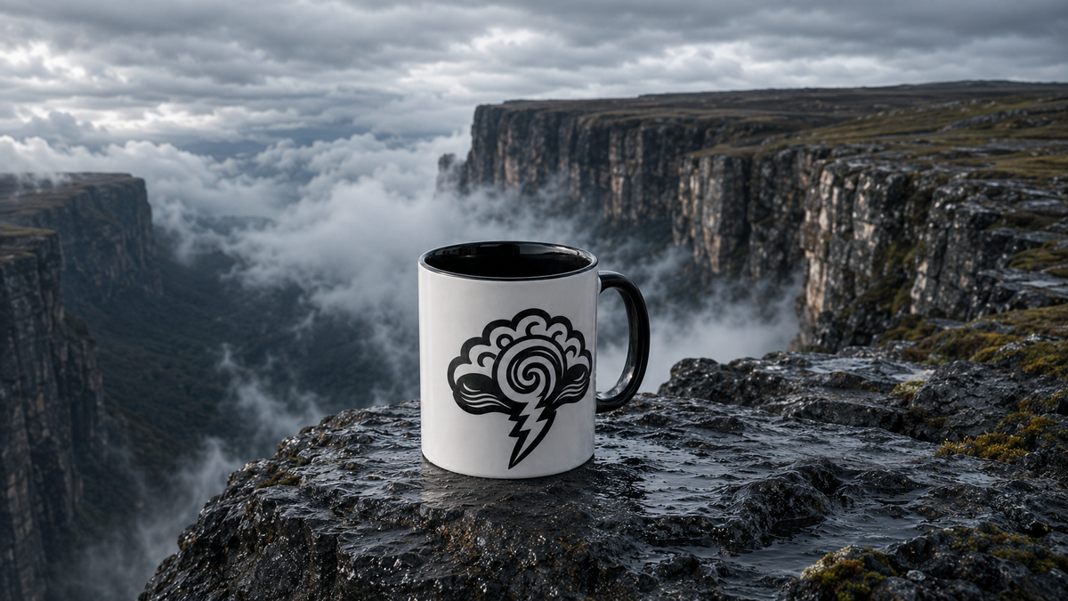 Guaynao Tribe Accent Mug on stormy cliff