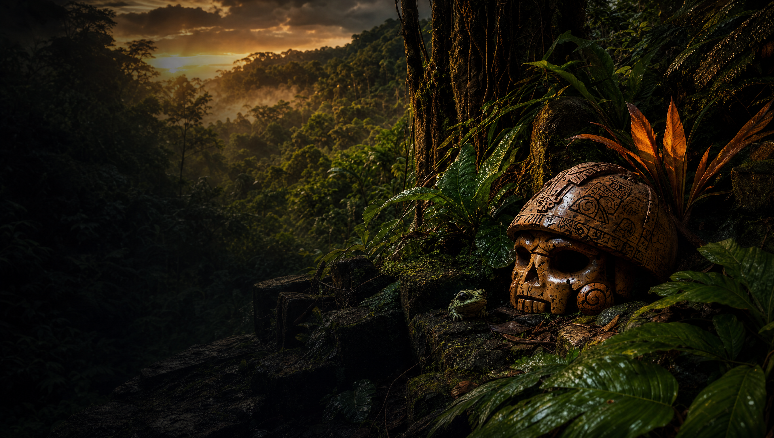 Ancient Taino ceremonial artifact in the rainforest at dusk - hero banner